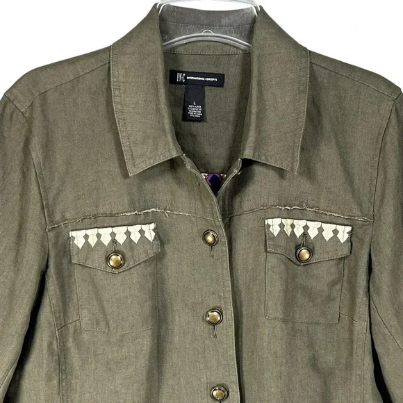 INC International Concepts Womens L Green Linen Embroidered Jacket Peplum Hem - Picture 4 of 16